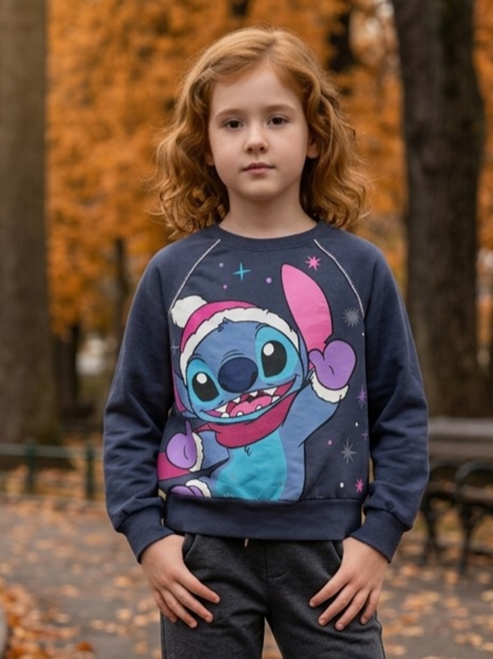 Disney Stitch Grey Fleece Sweatshirt, Stitch Wearing Santa Hat and Scarf M(7-8)
